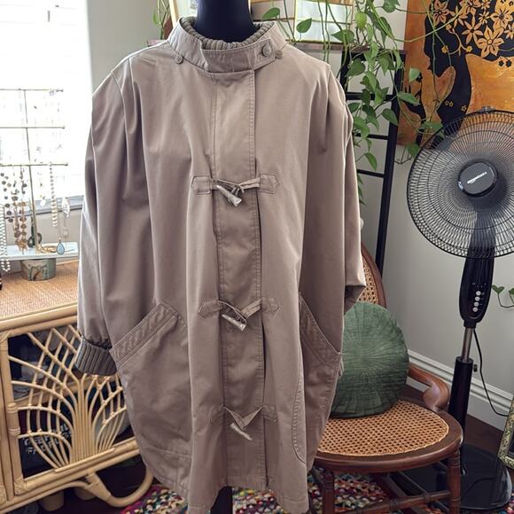 Vintage 80s B-A-Starr Tan Bold Power Shoulder Zip Horn Toggle Coat - Picture 1 of 7